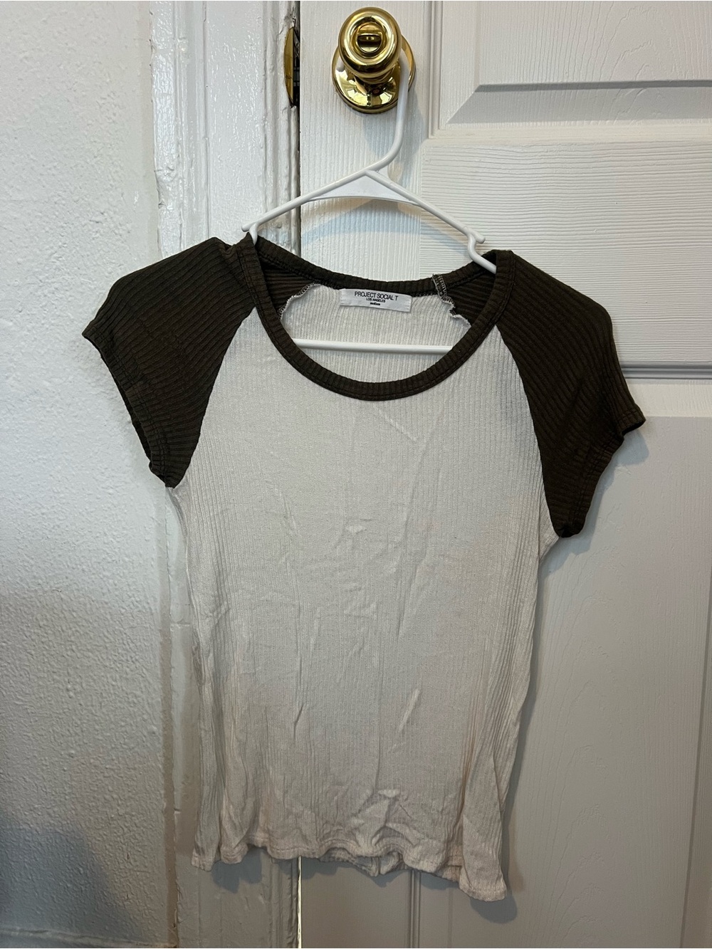 Project Social T Cream Tee with Dark Brown Ribbed Sleeves
